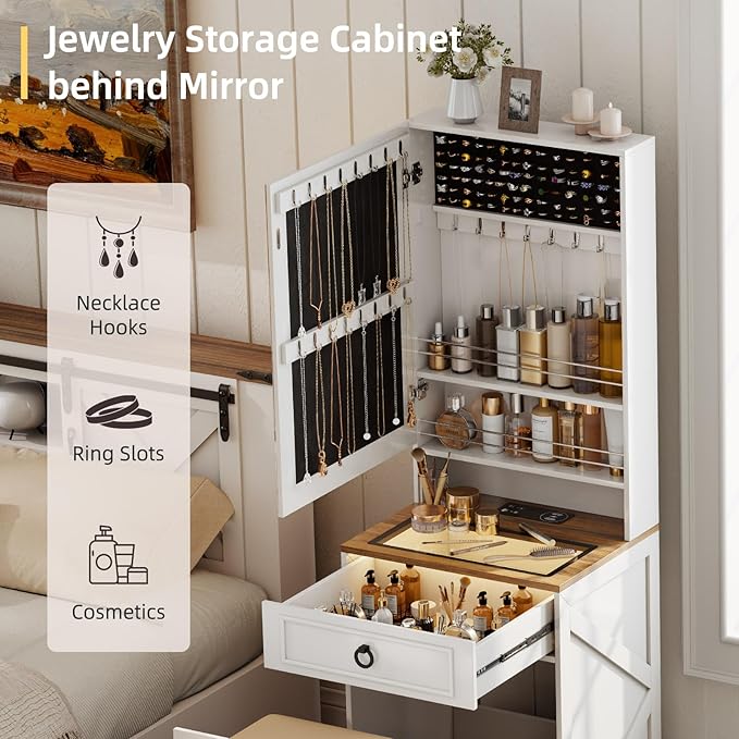 Makeup Vanity Desk with Mirror and Lights,Small Vanity Desk Set with Charging Station & Glass Top,Compact Dressing Table with Jewelry Cabinet & Storage Wheel Stool for Bedroom, White