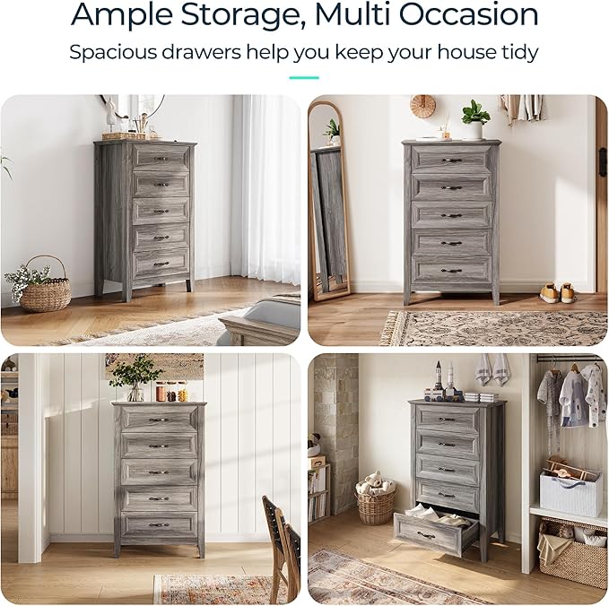 LINSY HOME Farmhouse 5-Drawer Dresser - Grey Chest of Drawers for Bedroom and Living Room Organization, Wood Dresser with Ample Storage Space and Rustic Charm