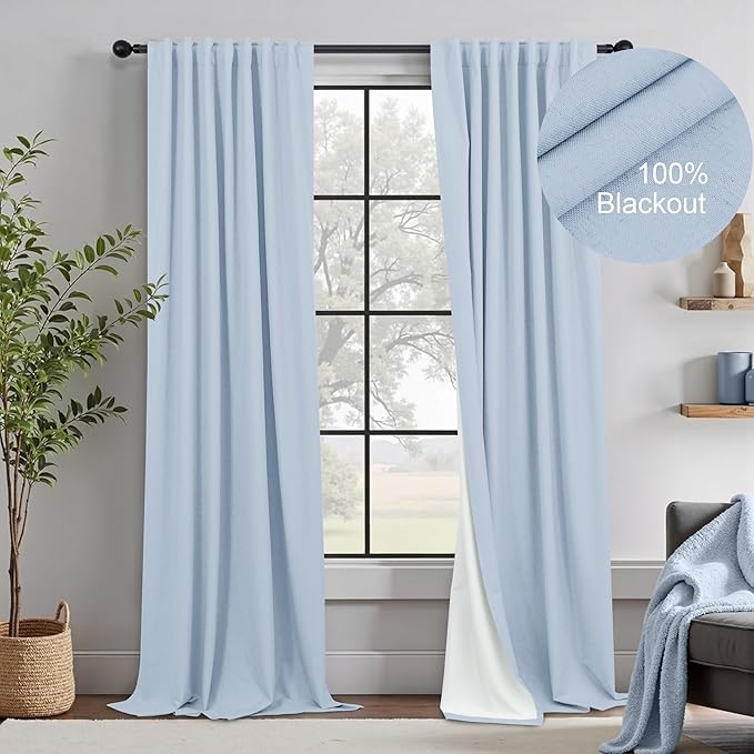 DANCURTON 108 Inch Curtains 2 Panel Set Light Blue Linen Floor to Ceiling Darkening Extra Long Living Room Curtains 108 Inches Long Insulated Thermal Drapes for Summer Heat Blocking Patio Sliding Door