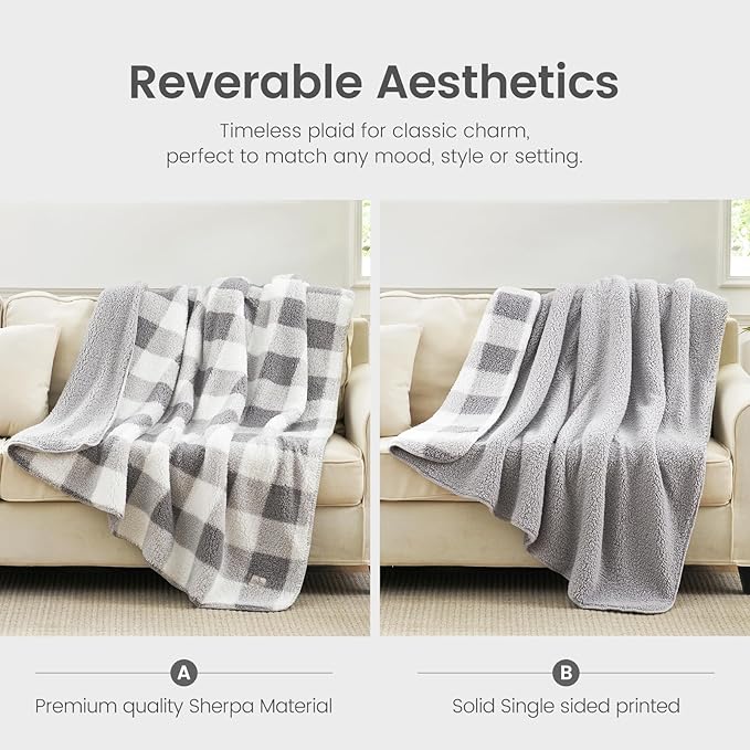 Cozy Bliss Ultra Soft Reversible Double Sherpa Sided Blanket, Buffalo Plaid Throw Blanket Fluffy Thick Warm Plush Fuzzy Blanket for Couch, Bed and Gifts (Grey, 50" x 60")