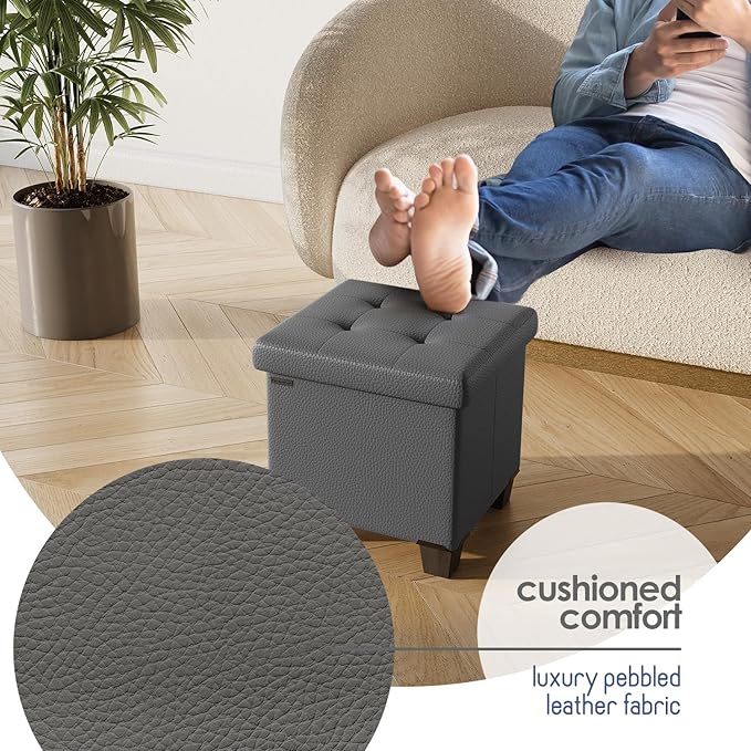 STORAGEBUD Storage Ottoman Cube with Small Bin, 16-in Square Ottoman with Storage for Living Room and Bedroom, Small Ottomans Foot Rest, Faux Leather Foot Stools Ottomans Max 330lbs, Grey