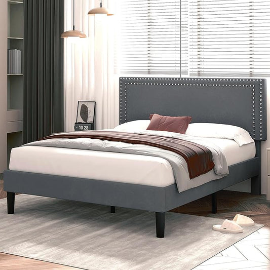 VECELO Full Size Bed Frame with Adjustable Upholstered Headboard, Wooden Slats Platform, Noise-Free Design, Easy Assembly