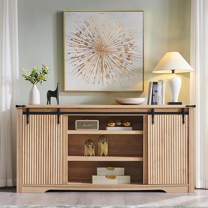 JXQTLINGMU Modern 66" TV Stand, Entertainment Center for TVs Up to 75", Media Console w/4 Drawers & Sliding Door, Wood Television Stand for Living Room, Luxury Fluted TV Stand w/Storage Shelves, Oak