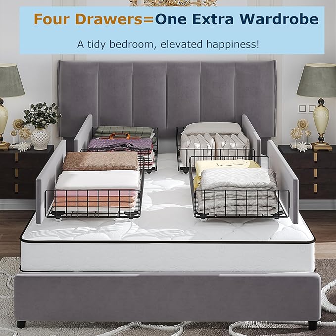 VECELO Queen Upholstered Bed Frame with 4 Storage Drawers and Adjustable Velvet Headboard, Heavy-Duty Platform bedframe, No Box Spring Needed, Dark Grey