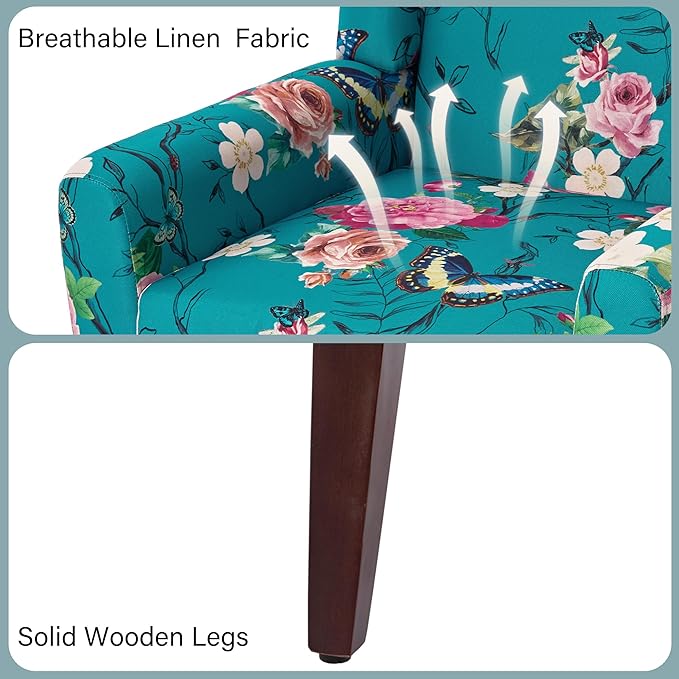 Accent Chair, Modern Linen Blend Arm Chair for Living Room, Bedroom, Comfy High-Resilient Sponge Reading Chair for Small Spaces (Pattern Floral Blue, Set of 2)
