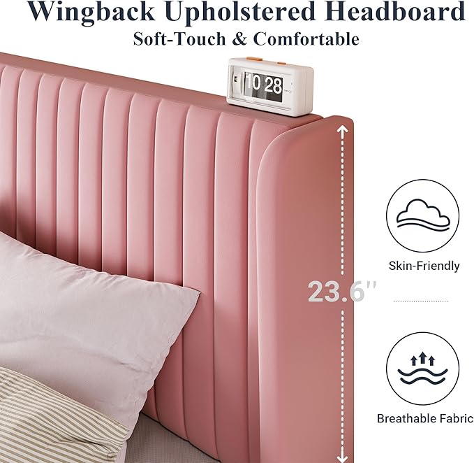 Allewie King Size Velvet Bed Frame/Vertical Channel Tufted Wingback Headboard/Upholstered Platform Bed/Strong Wooden Slats/No Box Spring Needed/Easy Assembly/Pink