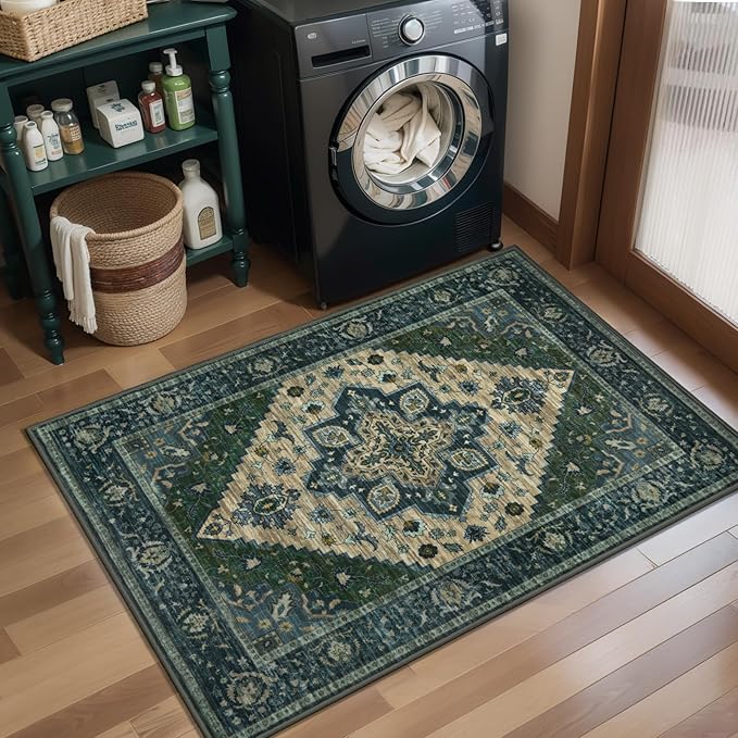 Tangsoo 2x3 Rugs for Entryway, Vintage Washable Non Slip Small Area Rug, Indoor Front Door Rug, Print Distressed Door Mat Carpet, Soft Low Pile Rugs for Entrance Kitchen Bedroom Green