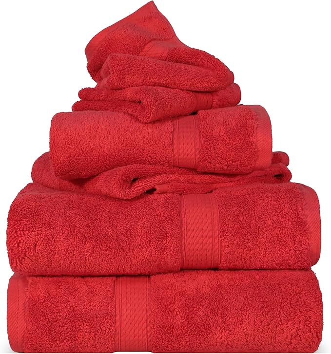 Superior Egyptian Cotton Pile 6 Piece Towel Set, Includes 2 Bath, 2 Hand, 2 Face Towels/Washcloths, Ultra Soft Luxury Towels, Thick Plush Essentials, Guest Bath, Spa, Hotel Bathroom, Red