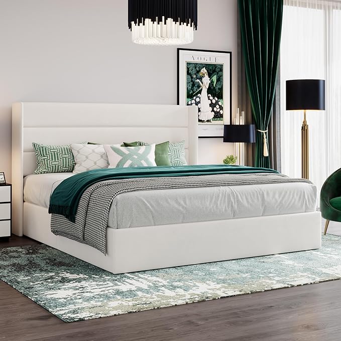 SHA CERLIN King Size Lift Up Storage Bed/Velvet Upholstered/Modern Wingback Headboard/Upholstered Platform Bed Frame/Hydraulic Storage/No Box Spring Needed/White