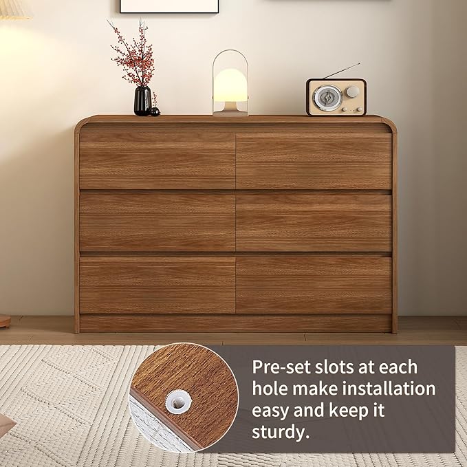 Modern 6 Drawer Dresser, 47-Inch Wood Chest of Drawers, Curved Anti-Collision Design, Mid-Century Storage Cabinet, Pre-Embedded Slots, Natural Texture, for Bedroom, Living Room, TV Stand, Nursery