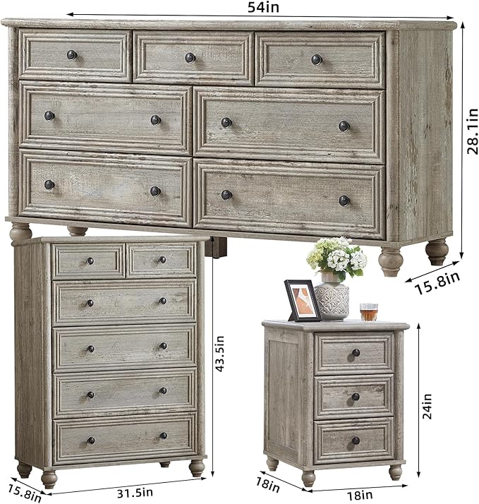Farmhouse Dressers & Night Stand Set of 3, Wood 54" Wide Dresser & 43.5"Tall Chest of Drawers, 18" Roman Column Nightstand, Bedroom Furniture 7 Drawer Dresser Set for Bedroom Home Living Room Hallway