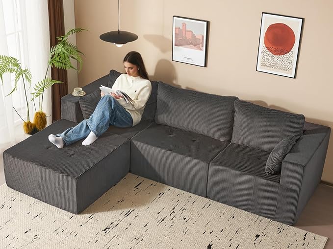 105" Cloud Sectional Sofa, L-Shape Sectional Couch, Modern Corduroy Sofa with Chaise Lounge, No-Assembly Required, Deep Seat Modular Cloud Couch for Living Room, Apartment, Gray