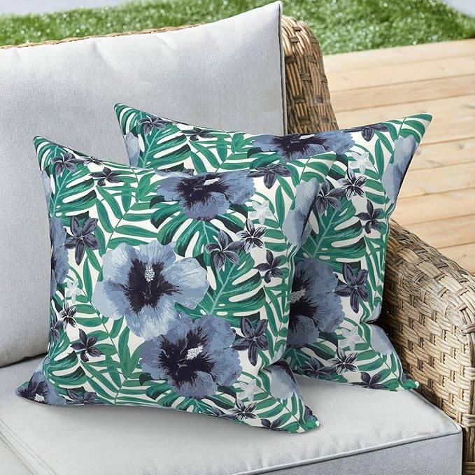 Outdoor/Indoor Throw Pillow Covers Set of 2, All Weather Square Pillow Cases 16x16 Inch, Patio Cushion Pillow of Home Furniture Use, Blue Salmone Tropical