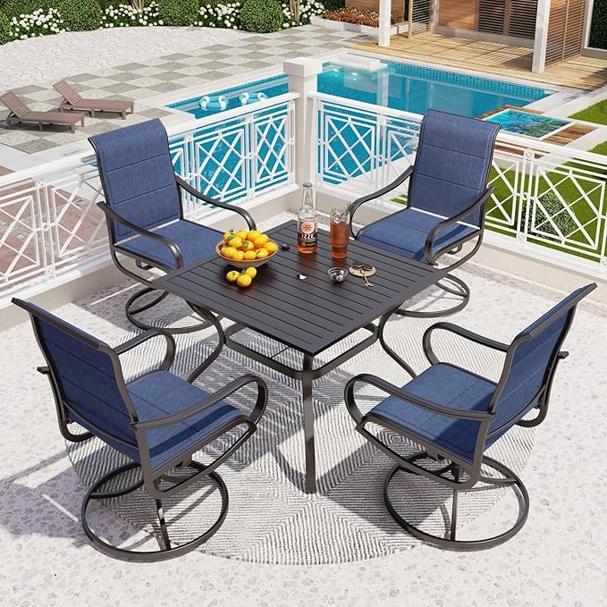 PHI VILLA 5 PCS Patio Dining Set with 4 Padded Outdoor Swivel Dining Chairs(Blue) and 37"x 37" Metal Steel Dining Table(1.57" Umbrella Hole), Outdoor Dining Table & Chairs Set for Deck Lawn Garden