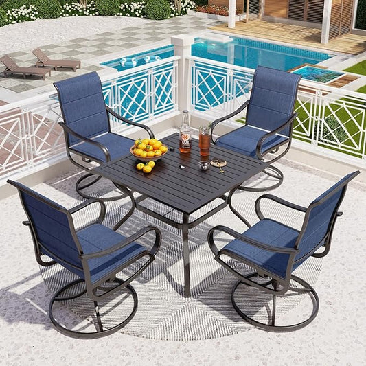 PHI VILLA 5 PCS Patio Dining Set with 4 Padded Outdoor Swivel Dining Chairs(Blue) and 37"x 37" Metal Steel Dining Table(1.57" Umbrella Hole), Outdoor Dining Table & Chairs Set for Deck Lawn Garden