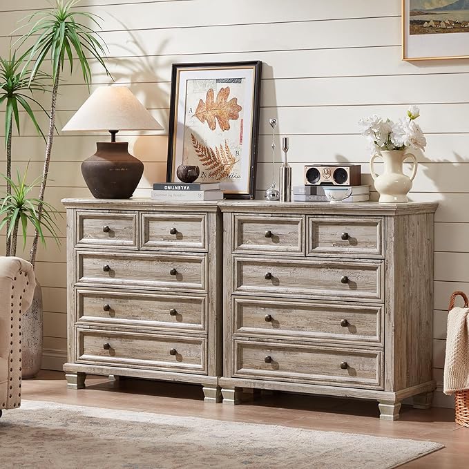 Farmhouse 5 Drawer Dresser for Bedroom, 33 Inch Tall Vintage Wood Chest of Drawers, Rustic Small Dressers w/Square Wooden Legs, Mid-Century Storage Organizer for Living Room, Grey