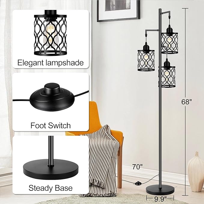Industrial Floor Lamp, Metal Farmhouse Floor Lamp for Living Room, Rustic Standing Tall Lamps with 3 Elegant Cage Heads, Tree Floor Lamps for Bedrooms, Home Office, Bar, 68", Black, Bulb Not Included