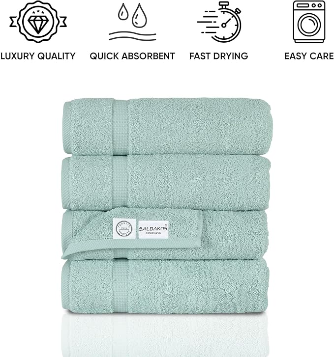SALBAKOS 100% Turkish Cotton Bath Towel Set of 4 27x54 inch | Heirloom Quality | Hotel & Spa Collection | Soft, Absorbent, Long Lasting Bath Towels | Made in Turkey (Seafoam Green, 4 Bath Towels)