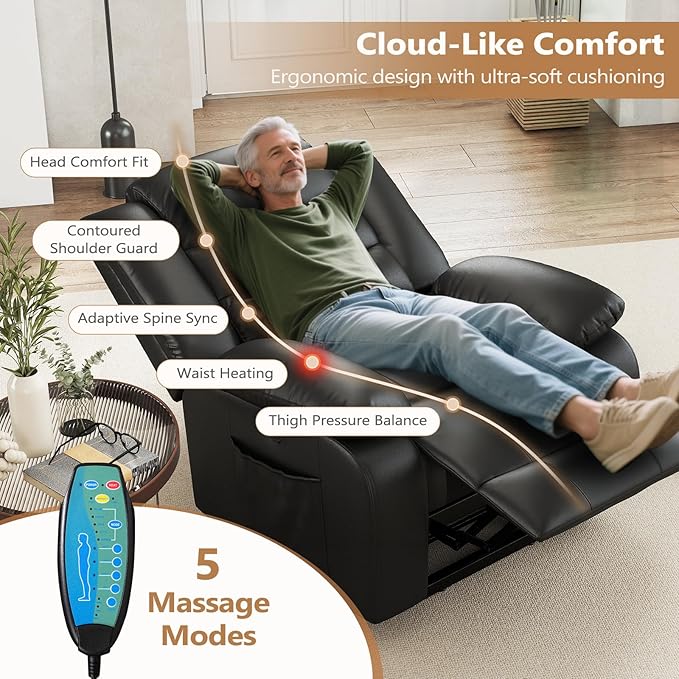 ANJ Power Lift Recliner Chair with Massage and Heat, PU Leather Overstuffed Electric Lift Chair for Elderly, Oversized Single Sofa Recliner with Side Pockets, Remote Control(Black)