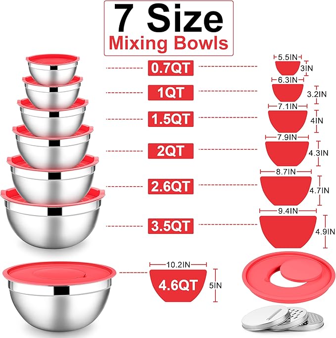 E-far Mixing Bowls with Lids Set, 7-Piece Stainless Steel Mixing Salad Bowls with 3 Grater Attachments, Size 4.6, 3.5, 2.6, 2, 1.5, 1, 0.7QT, Nesting Design & Red Airtight Lids, For Baking/Cooking