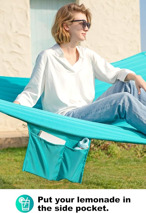 Double Quilted Fabric Hammock with Spreader Bar, Fits 12-14ft Hammock Stand, 2 Person 14ft Hammocks for Outside, Large Removable Pillow, Storage Bag, Carabiners, Max 475 lbs Capacity (Aqua)