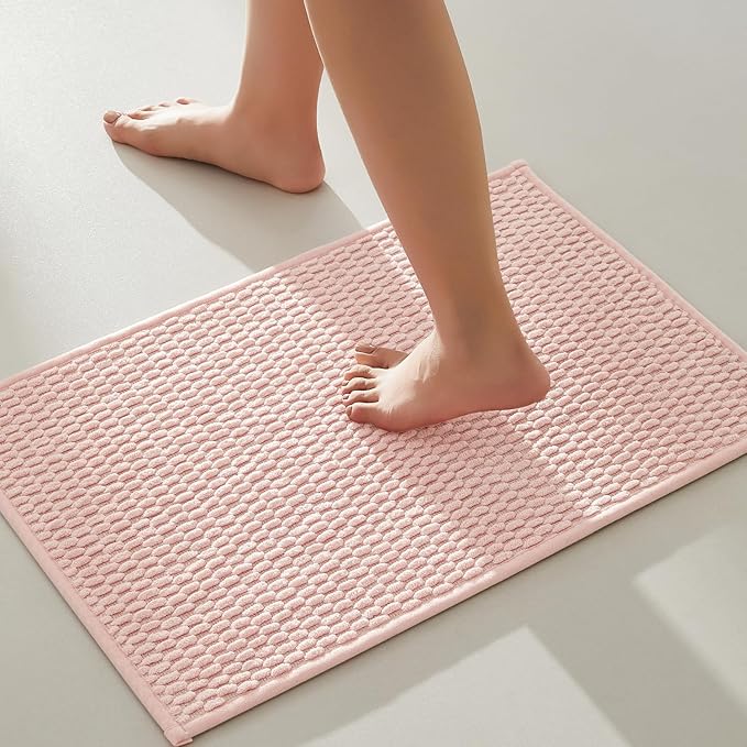 Pink Bathroom Rugs Non Slip Washable, Super Absorbent Thin Bath Mat Small Quick Dry Low Pile Bathroom Rug, Pink 16"x24"