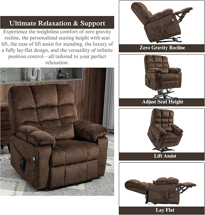 3-Motor Lift Chair with Adjustable Seat Height Zero Gravity Lay Flat Recliner with Heat Massage - Flip Arm Storage Cup Holders - Power Lift Recliner for Elderly – Big Tall 400 lbs (Dark Brown)