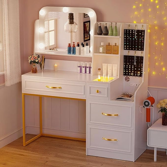 Makeup Vanity Desk with Mirror and Lights,Glass Top Dresser with Charging Station,Vanity Table with Storage and Jewelry Stand,Dressing Table,edroom Makeup Desk for Women,White