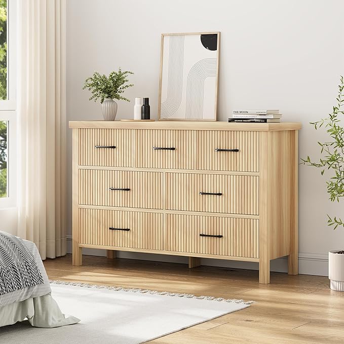 Fluted 7 Drawers Dresser for Bedroom, Modern Chest of Drawers with Metal Handle, Wood Dresser TV Stand, Wooden Closet Clothes Storage Organizer for Living Room, Hallway (Natural Oak)