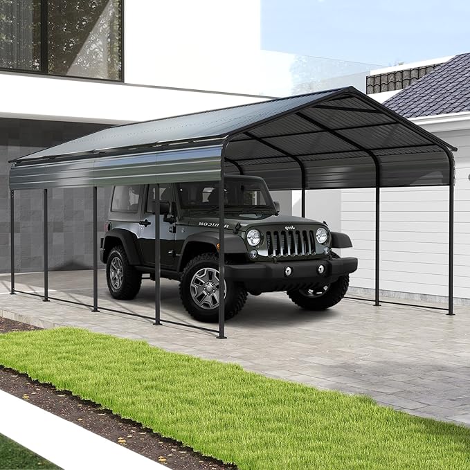 Metal Carport 12x20 FT Heavy Duty, Outdoor Steel Large Rv Car Ports Canopy with Galvanized Steel Roof and Frame, Car Shelter Protect from Sun and Heavy Snow for Pickup, Boat, Car and Tractors