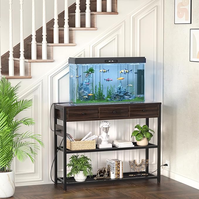 Ecoprsio 47'' Entryway Table with Outlets and USB Ports, Console Table with 3 Drawers, Sofa Table Narrow Long with Storage Shelves for Living Room, Couch, Hallway, Foyer, Black Walnut Finish