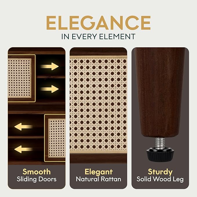 Bme Oliver TV Stand for TVs up to 55", Mid-Century Solid Wood TV Console with Natural Rattan Door, Media TV Console, Entertainment Center with Storage, Fluted Media Cabinet for Living Room, Walnut