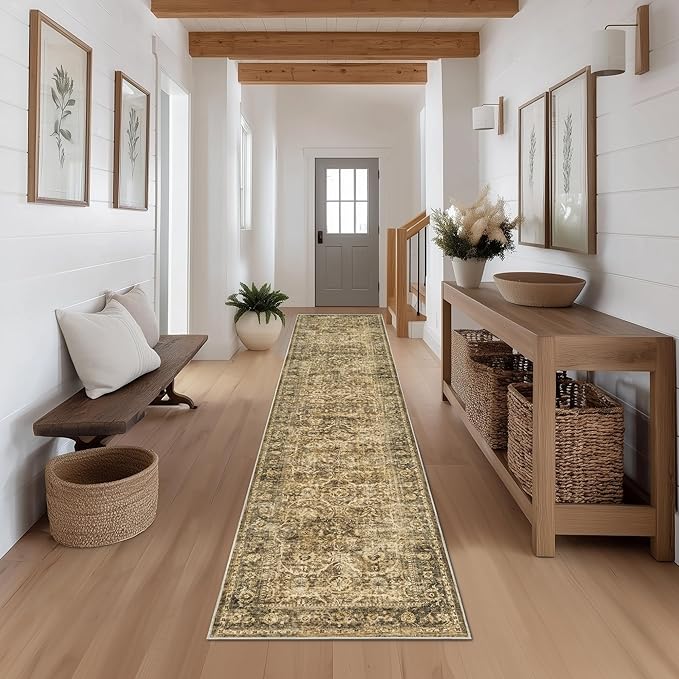 FMFUNCTEX 2x12 Runner Rug Brown Washable Vintage Neutral Distressed Non Slip Low Pile Indoor Carpet Retro Floral Hallway Entryway Rug for Kitchen Living Room Bedroom Bathroom Laundry Entry Bedside