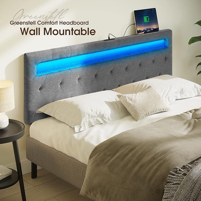 GREENSTELL Headboard for Queen Size Bed with 60,000 DIY Color of LED Light, USB & Type C Post, Attach Frame, Height Adjustable, Gray Wall Mounted Head Boards Only, Sturdy & Stable, Comfortable, Queen