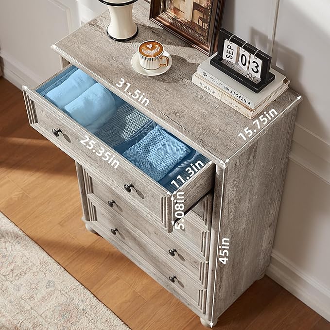 Farmhouse 5 Drawers Dresser for Bedroom, Wood 45" Tall Chest of Drawers, Dresser Rustic Storage Dressers Organizer with Metal Handle Closet for Living Room, Hallway Entryway