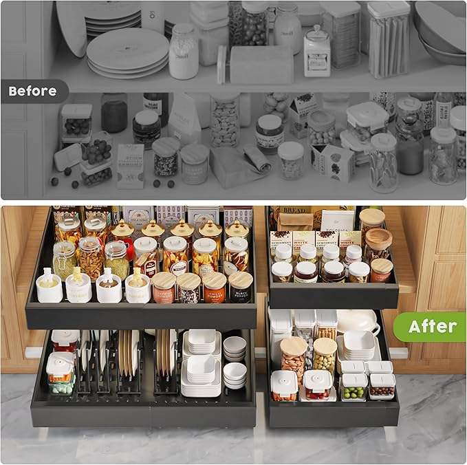 4Pack Expandable Pull Out Cabinet Organizer 21"Deep With Raising Pad for Framed Cabinets,Slide Out Drawers with 4pcs Divider Racks,Roll Out Shelves Adhesive,Adjustable Width 12.05"-20.4"Black