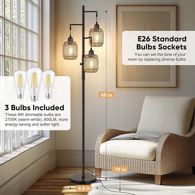 ROTTOGOON Dimmable Boho Floor Lamp - 3 Light Farmhouse Rattan Floor Lamp for Living Room, Industrial Tree Floor Lamps with 3 X 6W LED Bulbs, Rustic Standing Tall Lamp for Bedroom, 68", Black + Gray