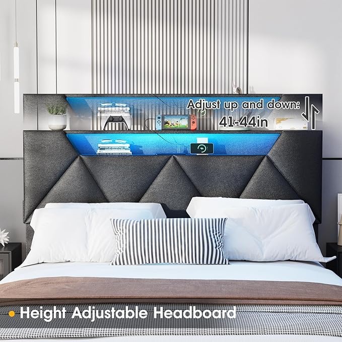 Vabches Queen Bed Frame with Storage Headboard and 4 Drawers,Upholstered Platform with Charging Station and Led Lights,Adjustable Headboard with Pu Leather,No Box Spring Needed,Black