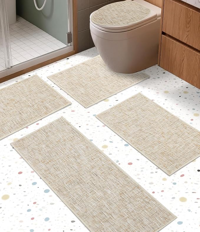 YIHOUSE Bathroom Rugs Sets 5 Pieces, Ultra Thin Non Slip Washable Bath Mat Sets, Absorbent Quick Dry Bath Mats for Bathroom Floor, Beige