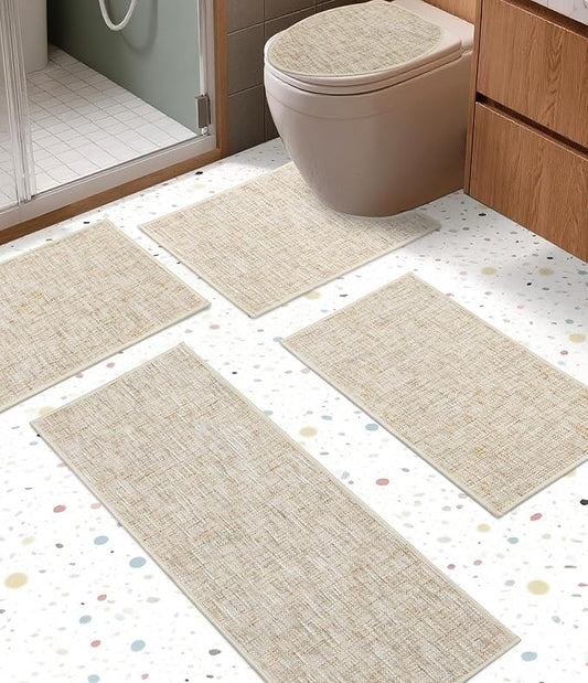 YIHOUSE Bathroom Rugs Sets 5 Pieces, Ultra Thin Non Slip Washable Bath Mat Sets, Absorbent Quick Dry Bath Mats for Bathroom Floor, Beige