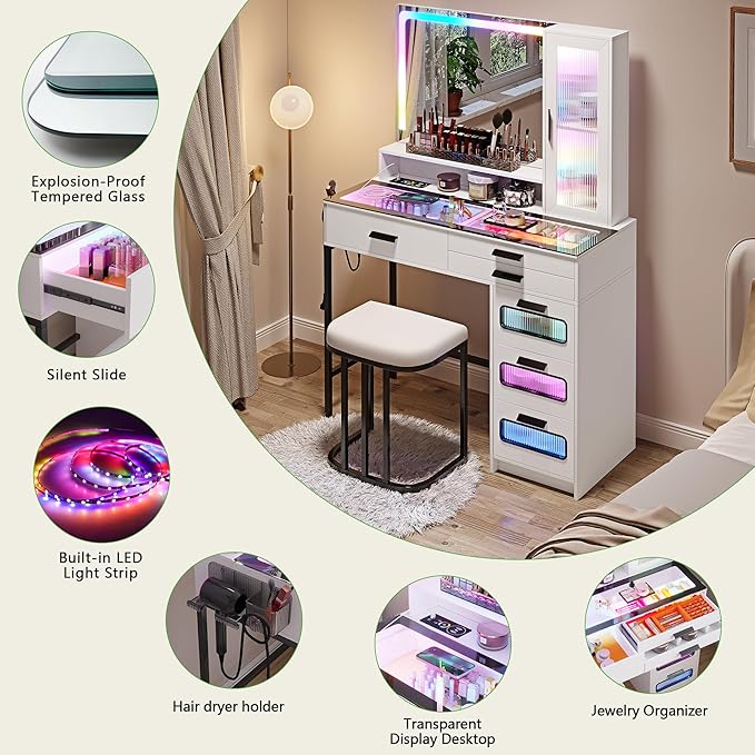 HENBC Vanity with Mirror and LED Lights, Glass Top Vanity Desk with Charging Station(Wireless+USB+Type-C), RGB Makeup Table Set with Stool/Makeup Organizer/6 Drawers for Bedroom,White