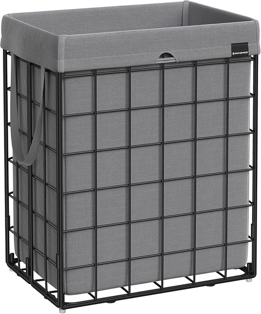 SONGMICS Laundry Hamper, 23.8 Gal. (90L) Laundry Basket, Collapsible Clothes Hamper, Removable and Washable Liner, Metal Wire Frame, for Bedroom Bathroom, Black and Gray ULCB190G01