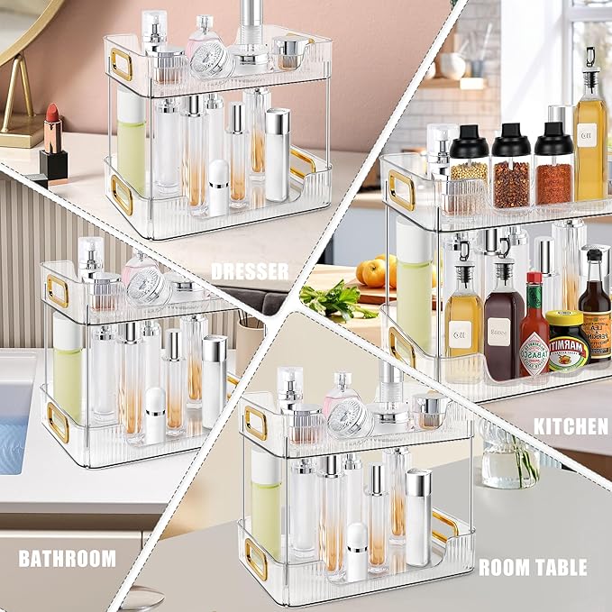 2-Tier Bathroom Counter Organizer Countertop Storage, Dresser Organizer Vanity Tray for Makeup, Perfume Organizer Cosmetics Skincare Shelf - Clear