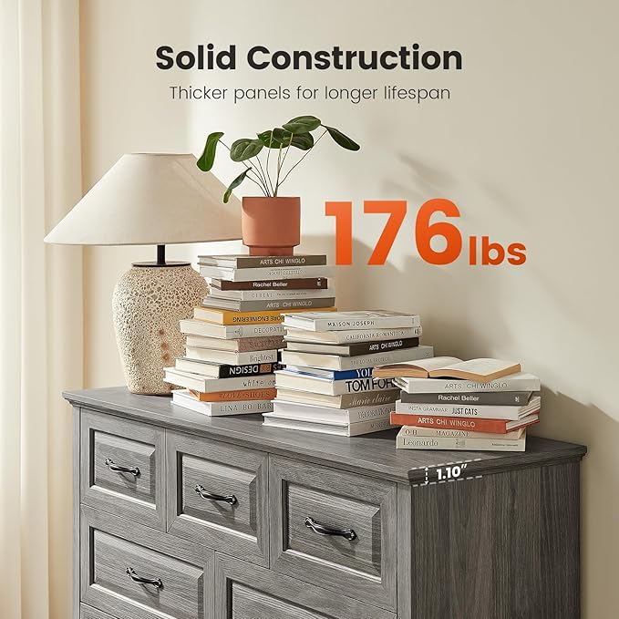 Amada Farmhouse 7 Drawer Dresser for Bedroom, 47.2 Inch Wide Wood Dresser with Natural Texture, Large Drawers, Rustic Farmhouse Chest of Drawers for Bedroom, Living Room, Hallway, Gray