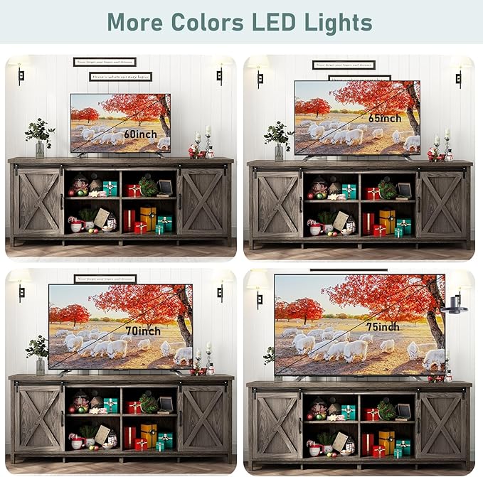 70In Farmhouse TV Stands for 70 75 80inch TV w/Adjustable Shelves,Sliding Barn Door.Rustic Wooden Entertainment Center,TV Console Grey Cabinet w/Storage for Bedroom Living Room(Dark Grey 70in)