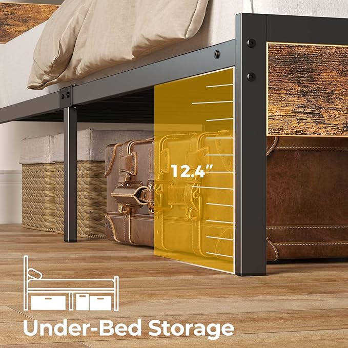 Rolanstar Bed Frame Queen Size with USB Charging Station, LED Bed Frame with Wood Storage Headboard, Rustic Brown Metal Platform Bed with Under Bed Storage, No Box Spring Needed, Noise Free