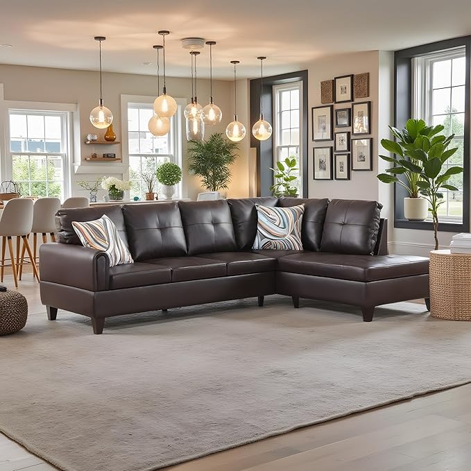 NicBex Sectional Couch 2 Pieces 66.5" L Sofa with Right Chaise Faux Leather L Shaped Cloud Couch for Living Room Furniture Sets with Cushion, Modular Sofa for Living Room & Small Apartment, Brown