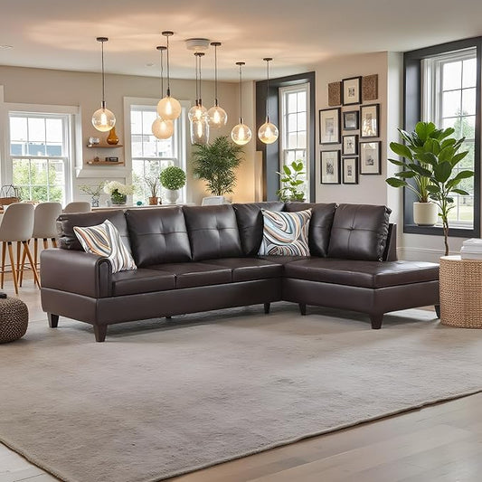 NicBex Sectional Couch 2 Pieces 66.5" L Sofa with Right Chaise Faux Leather L Shaped Cloud Couch for Living Room Furniture Sets with Cushion, Modular Sofa for Living Room & Small Apartment, Brown