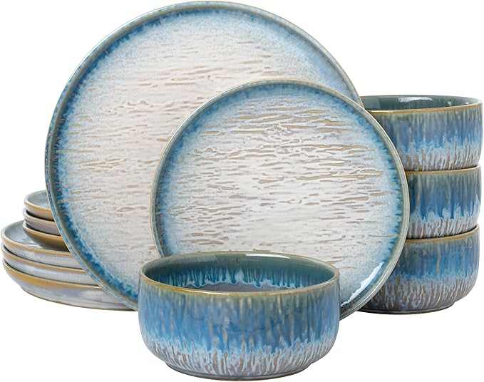 “Talia” 12-piece Stoneware Dinnerware Set with Reactive Glaze Finish, Service for 4, Blue Reactive Glaze