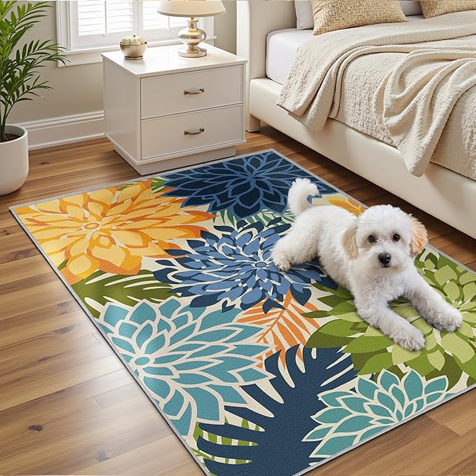 Area Rug 3x5 Yellow Green Washable Entry Rug Multicolored Tropical Botanical Modern Floral Indoor Kitchen Door Mat Entrance Carpet Non Slip for Bedroom Living Room, Porch